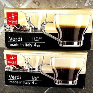 Lot of 8 NIB Bormioli Rocco Verdi Espresso Cups 3.5oz Glass Steel Handles